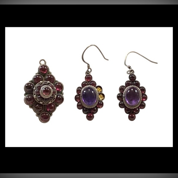 Sterling Jewelry - Sterling Garnet Pendant & Garnet & Amethyst Sterling Pierced Earrings #7853